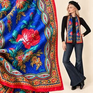 Vintage 90s Honey Long Rectangle Scarf Blue Red Rose Floral 53x10